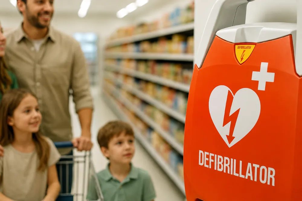Desfibrilador instalado e sinalizado em corredor de supermercado